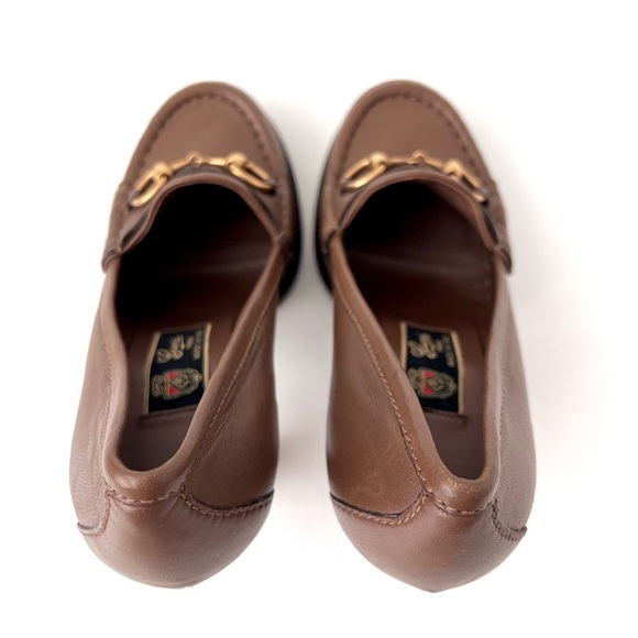 GUCCI | Vintage Alyssa Brown Leather Horsebit Pumps Block Heel Loafers 37.5 - Picture 10 of 16